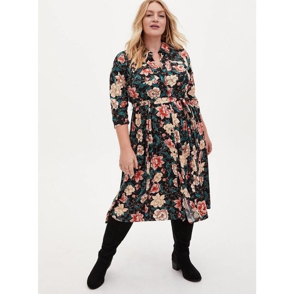 torrid Dresses & Skirts - Torrid Floral Button Midi Challis Shirt Dress Black Plus Size 3 3X H14301